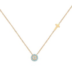 CZ1081N TURQUOISE EVIL EYE AND CROSS NECKLACE GOLD PL 925